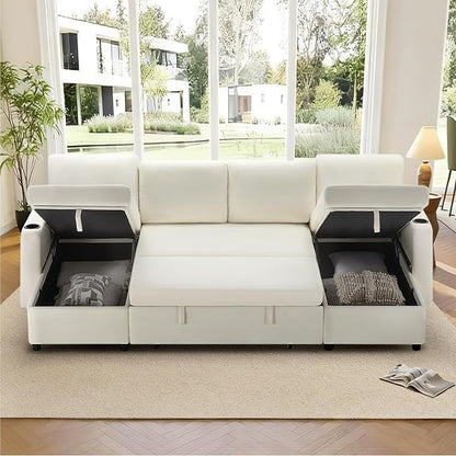 KISLOT 110 Inch Sectional Sleeper Sofa with Pull Out Bed Convertible Plush 2 in 1 Couch with Storage Chaise & USB Charging Comfy L Shaped Modular Couches for Living Room Apartment(3 Box)