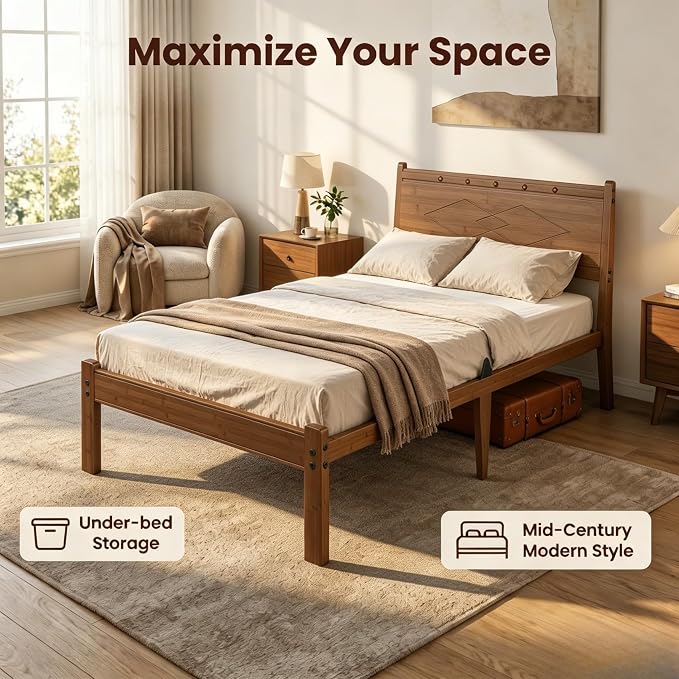 Askeld 14 inch Bamboo Twin Bed Frame with Headboard, Light Cottagecore Solid Wood Platform Bed No Box Spring Needed, Easy Assembly, Noise Free, Light Walnut Color