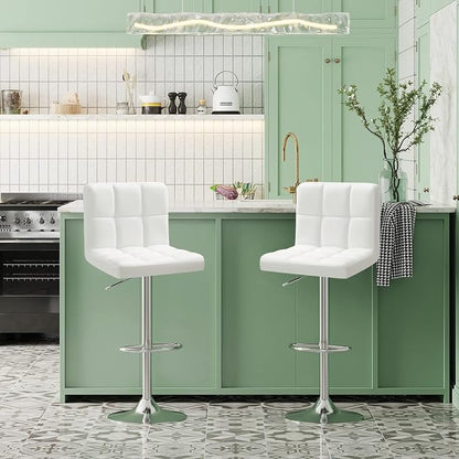 Furniwell Bar Stools Modern Pu Leather Swivel Adjustable Barstools Armless Counter Height Swivel Bar Stool Synthetic Leather Height Square Barstool with Set of 2 (White)