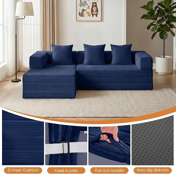 79" Modular Sectional Sofa, Boneless Convertible Sleeper Sofa Bed, Modern Tri-Folding Cloud Couch with L-Shape Chaise, Corduroy Futon for Living Room Small Spaces Apartment, No Assembly,Blue