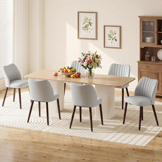 Upholstered Dining Chairs Set of 6, Modern Fabric Dining Chairs with Curved Backrest & Solid Rubber Wood Legs, Padded Kitchen Dining Room Chairs for Restaurant Cafe, Light Grey