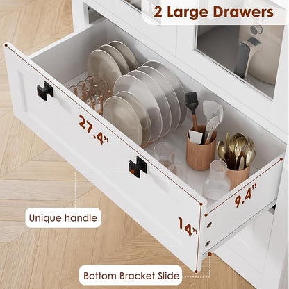 72" Tall Kitchen Pantry Cabinet - Modern Display Storage Cabinet with 2 Large Drawers, Glass Doors, and Adjustable Shelves, Farmhouse Kitchen Cupboard for Dining Room, Bathroom, Living Room, White