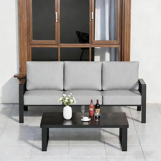 Outdoor Couch 3-Seat All-Weather Metal Outdoor Sofa Wite Outdoor Coffee Table (Black/Light Grey, 3-Seat Sofa+ Coffee Table)