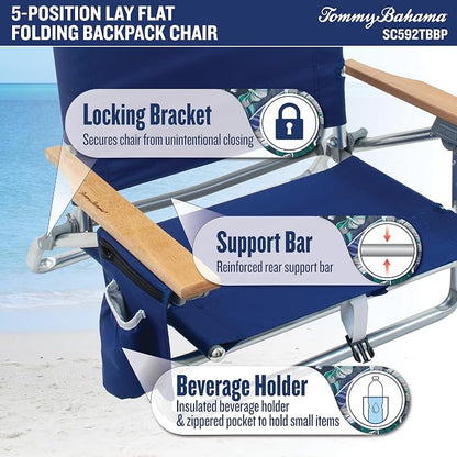 Tommy Bahama 2-Pack 5-Position Classic Lay Flat Backpack Beach Chair with Cooler and Cup Holder, Portable Folding Beach Chair for Tanning, Red/White/Blue