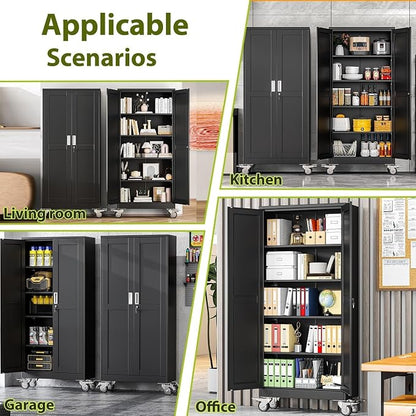 Metal Garage Storage Cabinet with Wheels, 70.9" H x 29.9" W x 15" D, Lockable Rolling Steel Tool Cabinet with Adjustable Shelves, Heavy Duty Garage Cabinet for Workshop, Basement, Home, Black