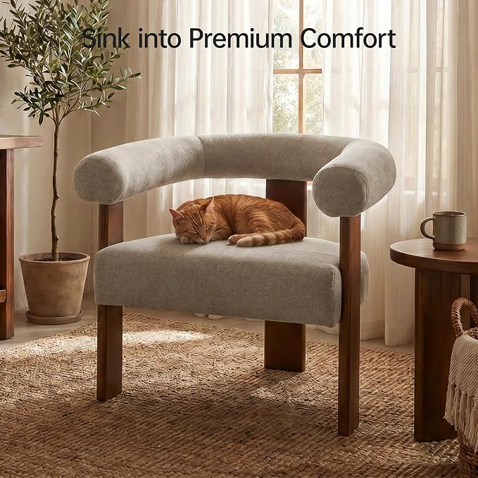 VKNOW Accent Chair, Vanity Chair with Armrests and Walnut Legs, Brown | Mohair-type Fabric, Barrel Back, Armrests, For Adults and Family, Living Room, Bedroom, Vanity, No Wobble, Easy Assembly