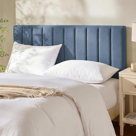 Hearth & Harbor Wall Mounted Full Headboard Only, Bed Headboard Full Size | Easy Assemble, Floating Peel and Stick, Upholstered, Channel Stitched, 3D Wall Panels, 5 Strips of 3M Tape Included, Blue