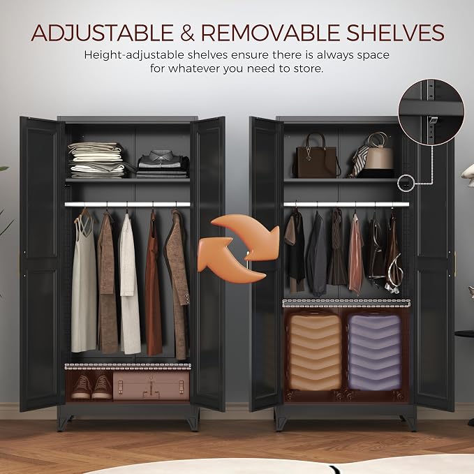 Metal Armoire Wardrobe Closet with 2 Doors, 71" Tall Wardrobe Closet with Doors, Hanging Rod, Drawers and Adjustable Shelves, Black Clothing Storage Cabinets for Bedroom, Home Office