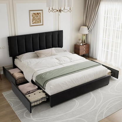 VECELO King Size Bed Frame with 4 Storage Drawers, Adjustable Height Headboard, Heavy-Duty Bedframe with Strong Wooden Slats, No Box Spring Needed, Black