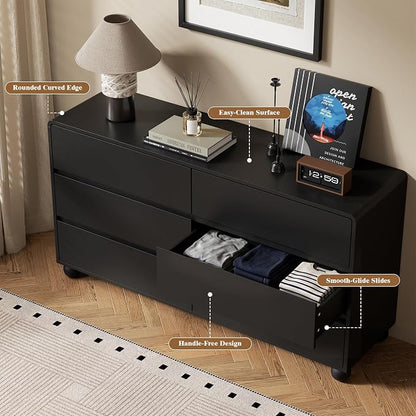 Furniway 3 Piece Bedroom Set, 6 Drawer Dresser and 2 Drawer Nightstand Set of 2 with Round Legs, Modern Wood Chest of Drawers Storage Cabinet for Bedroom, Black
