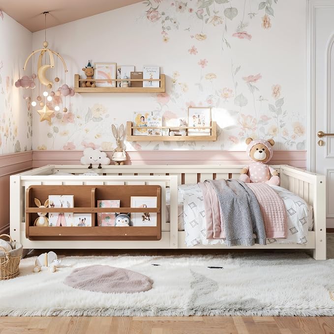 Bellemave Twin Size Montessori Floor Bed with Rails and Slats, Twin Size Floor Bed with Bookshelf and Fence, Low Profile Montessori Beds Frame for Girls, Boys, Beige