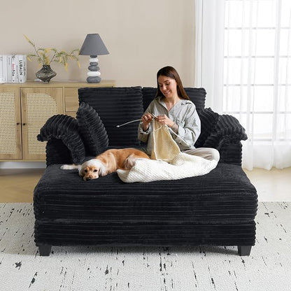 VINGLI 56" Oversized Chaise Lounge Chair, Black Comfy Corduroy Chaise Sofa Recliner Bed Upholstered Sleeper Couch Bed with Throw Pillows and Armrests for Living Room, Movie Room, Bedroom