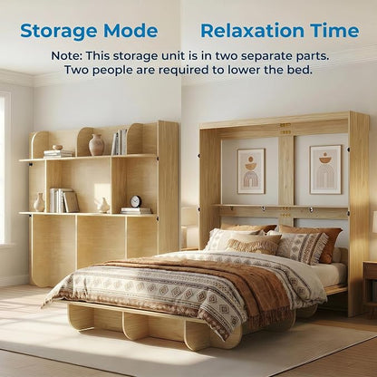 Mjkone Queen Size Wall Bed with Storage Shelf, Queen Wall Cabinet Murphy Beds with Bookshelf, 82" W Top Cabinet Bed Frame, Space-Saving Cabinets Beds for Bedroom/Guest Room/Studio/Office - Wood Color