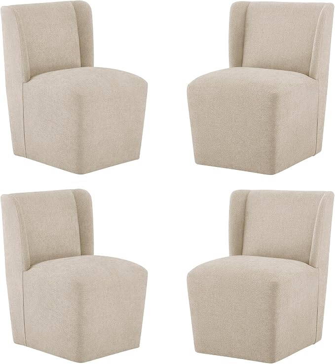 KISLOT Upholstered Dining Chairs Set of 4 with Casters, Wingback Modern Side Armless Deskchair with Rollers for Diningroom Bedroom Livingroom Reading Room, Sand Fabric