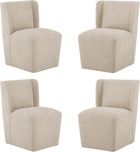 KISLOT Upholstered Dining Chairs Set of 4 with Casters, Wingback Modern Side Armless Deskchair with Rollers for Diningroom Bedroom Livingroom Reading Room, Sand Fabric