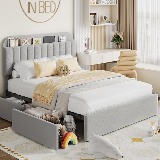 Garvee Full Size Bed Frame with 2 Flexible Drawers, Boucle Upholstered Platform Bed Frame with Bookcase Headboard, Bedframe for Kids/Boys, Easy Assembly, No Box Spring Needed, Noise Free, Grey
