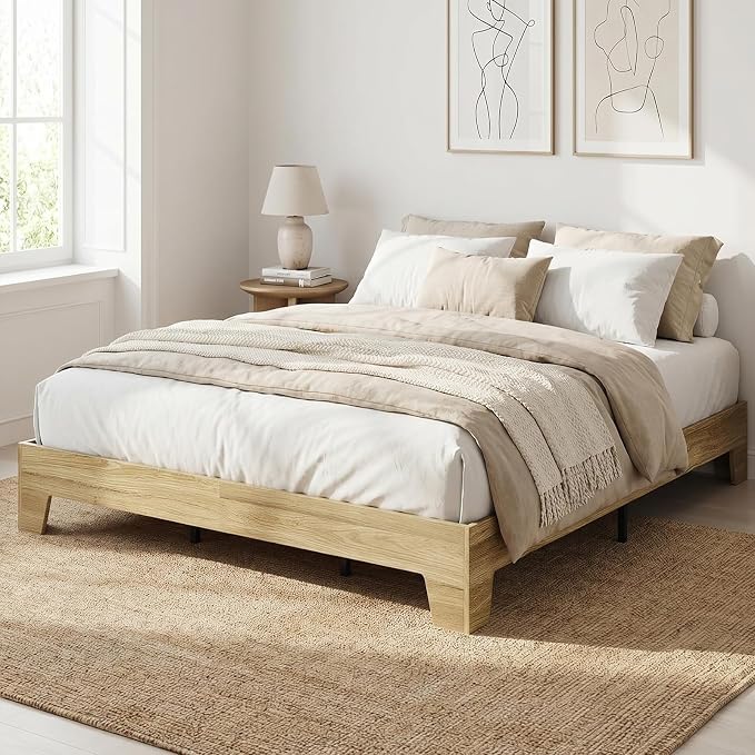 IDEALHOUSE Queen Size Platform Bed Frame,Boho Wood Bed with Noise-Free Slats,No Box Spring Needed,Nature Bedroom Furniture,Sturdy Wooden Bed Foundation,Easy Assembly
