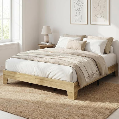 IDEALHOUSE Queen Size Platform Bed Frame,Boho Wood Bed with Noise-Free Slats,No Box Spring Needed,Nature Bedroom Furniture,Sturdy Wooden Bed Foundation,Easy Assembly