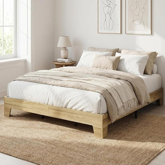 IDEALHOUSE Queen Size Platform Bed Frame,Boho Wood Bed with Noise-Free Slats,No Box Spring Needed,Nature Bedroom Furniture,Sturdy Wooden Bed Foundation,Easy Assembly