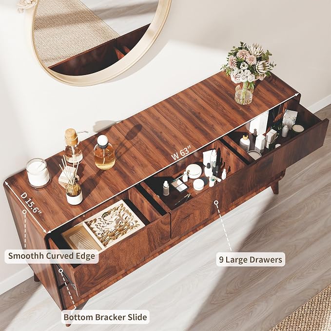 3-Piece Farmhouse Bedroom Storage Set, 9-Drawer Dresser & Nightstands Set of 2 with Charging Station, Handle-Less Design, Rounded Corners, Anti-Tip Safety Furniture, Walnut