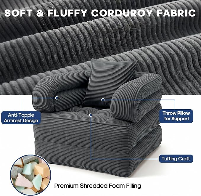 Folding Sofa Bed, Convertible Sleeper Chair with Armrests for Adults, Foldable Corduroy Boneless Bed, 3-in-1 Portable Futon Couch Floor Sofa with Pillow for Bedroom, Living Room, Dark Gray
