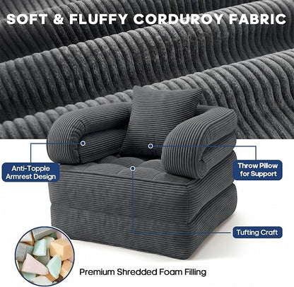 Folding Sofa Bed, Convertible Sleeper Chair with Armrests for Adults, Foldable Corduroy Boneless Bed, 3-in-1 Portable Futon Couch Floor Sofa with Pillow for Bedroom, Living Room, Dark Gray