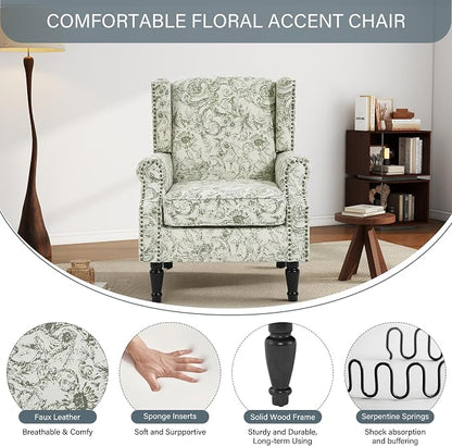 High Back Floral Accent Chairs Set of 2, Fabric Upholstered Armchair Wingback Arm Chair for Living Room, Nailhead Trim Single Sofa Bedroom Side Reading Seat with Solid Wood Legs - Rococo Green
