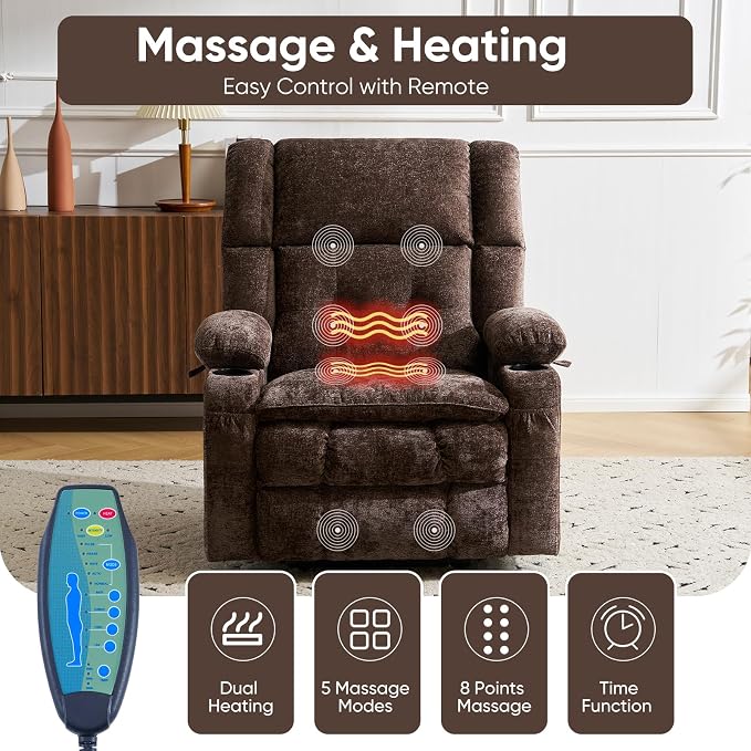 Oversized Power Recliner Chair for Elderly with Massage and Heat, Dual Motor Lay Flat Recliner with Arm Storage，Lift Chair for Big Tall, Infinite Position,Extended Footrest, Lving Room, Coffee