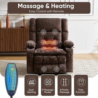Oversized Power Recliner Chair for Elderly with Massage and Heat, Dual Motor Lay Flat Recliner with Arm Storage，Lift Chair for Big Tall, Infinite Position,Extended Footrest, Lving Room, Coffee