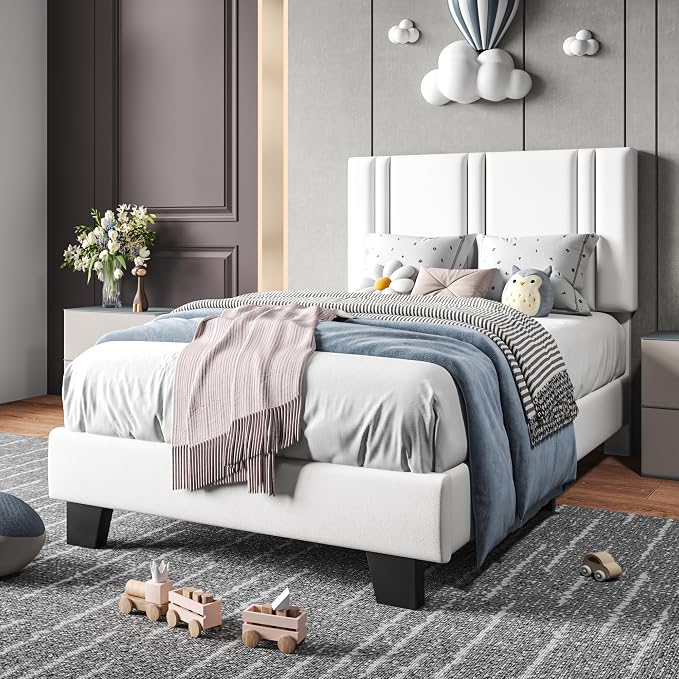 Einhomn Upholstered Twin Size Bed Frame with Velvet Fabric Headboard, Strong Wooden Slats Support, Noise Free, No Box Spring Needed, White