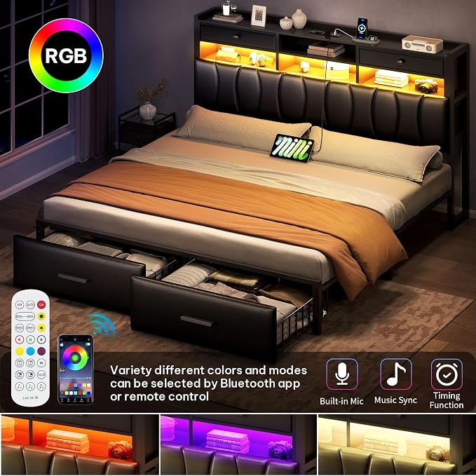 DWVO King Size with 2 Storage Drawers and Charging Station, Upholstered Bed with Storage Headboard and LED Light, Heavy Duty Metal Frame Support, No Box Spring Needed, Noise Free, PU Leather Black
