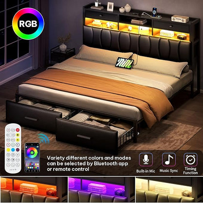 YITAHOME King Size with 2 Storage Drawers and Charging Station, Upholstered Bed with Storage Headboard and LED Light, Heavy Duty Metal Frame Support, No Box Spring Needed, Noise Free, PU Leather Black