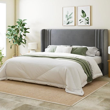 Allewie King Size Velvet Platform Bed Frame with Vertical Tufted Wingback Headboard, Easy Assembly, Under Bed Storage, No Box Spring Required, Modern Style, Grey