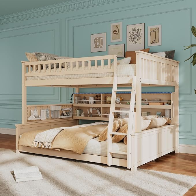 Full XL Over Queen Bunk Bed, Wood Bunk Bed with Integrated Shelving, Color-Changing Lights and Pegboard for Kids Teens Adults, Beige