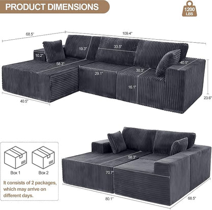 L Shaped Modular Boneless Sectional Couches for Living Room, Wide Armrest, Deep Seat, Memory Foam, Assembly Free, Modern Comfy Corduroy Fluffy Cloud Sofa with Left Chaise, Grey