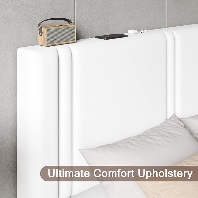 Einhomn Upholstered Full Size Bed Frame with Velvet Fabric Headboard, Strong Wooden Slats Support, Noise Free, No Box Spring Needed, White