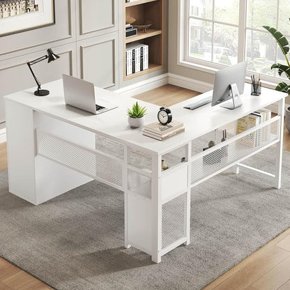LVB Reversible L Shaped Desk with Drawers, White Computer Desk with Storage | 59" Adjustable Modern Executive Office Desks, Adjustable Corner Design for Gaming Spaces and Home Workstations
