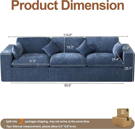 115''Cloud Boneless Sectional Couch, Modular Sectional Sofa Deep Seat, Oversized Upholstered Convertible Comfy 3 Seater Chenille Memory Foam Sofa Couches for Living Room, Blue