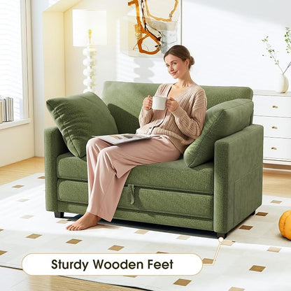 51" Convertible Loveseat Sofa Bed, 2 in1 Folding Sofa Bed, Loveseat Sleeper Sofa for Small Spaces, Fold Out Floor Couch with 2 Pillows for Apartment, Living Room & Guest Room, Green Chenille Fabric