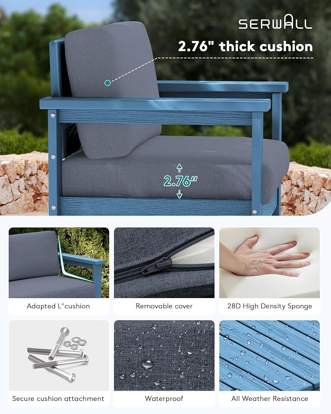 SERWALL 8 Pieces HDPE Outdoor Conversation Sofa Set with Cushion, All Weather Couch Loveseat Furniture Set with Pads, Outdoor Social Sofa Coffee Table Set, Blue Frame with Grey Cushions