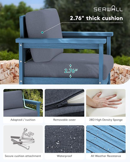 SERWALL 8 Pieces HDPE Outdoor Conversation Sofa Set with Cushion, All Weather Couch Loveseat Furniture Set with Pads, Outdoor Social Sofa Coffee Table Set, Blue Frame with Grey Cushions