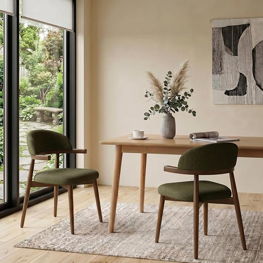 MOJAY Dining Chairs Set of 2 Walnut, Linen Green with Curved Armrests
