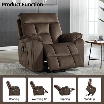 CANMOV Large Power Lift Recliner Chair with Massage and Heat for Elderly Big and Tall People, Overstuffed Wide Recliners with 2 Cup Holders, Side Pocket and USB Port, Dark Brown