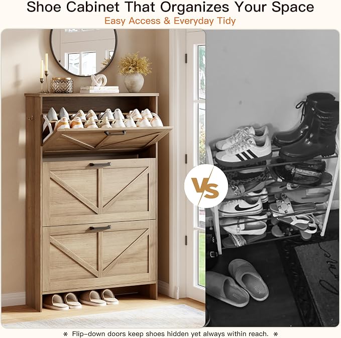Nicetree Freestanding Shoe Cabinet for Entryways – Shaker Barn Door Style, 3 Flip Drawers, Ultra Slim 9.5" Depth – Farmhouse Shoe Rack with 3 Adjustable Shelves – Caramel Organizer for Hallway & Foyer