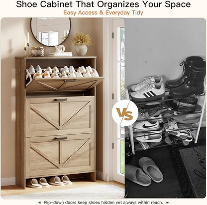 Nicetree Freestanding Shoe Cabinet for Entryways – Shaker Barn Door Style, 3 Flip Drawers, Ultra Slim 9.5" Depth – Farmhouse Shoe Rack with 3 Adjustable Shelves – Caramel Organizer for Hallway & Foyer