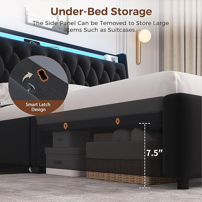 Queen LED Velvet Bed Frame with 2 Storage Drawers&Hidden Headboard, Upholstered Platform Bed with Charging Station&Button Tufted Design, Wooden Slats Support, Box Spring Optional, Easy Assembly, Black