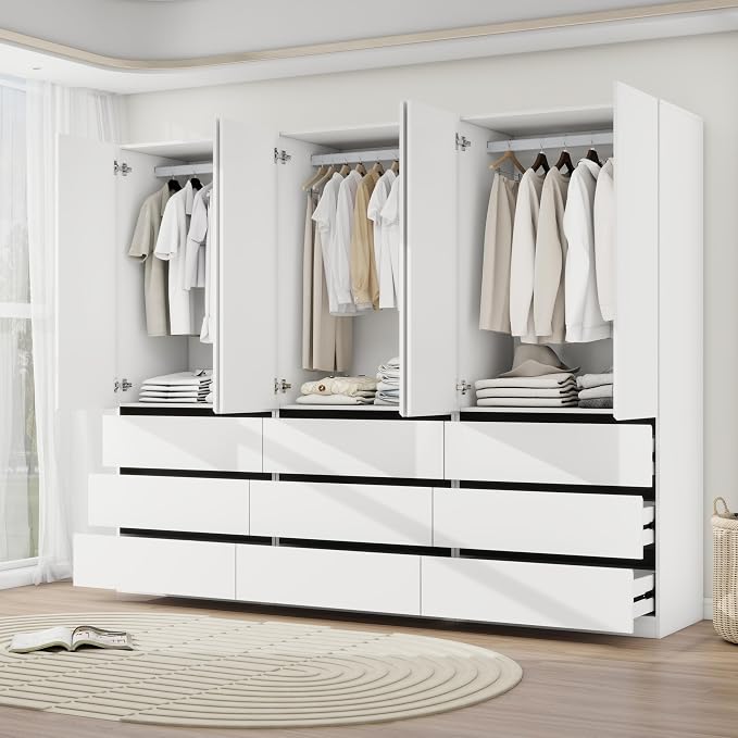 Armoire Wardrobe Closet with Drawers：75" Large White Wardrobe Closet Cabinet with 6 Doors for Hanging Clothes, Modern Wooden Bedroom Armoires with 9 Drawers and Storage (B+B+B, 94.5")