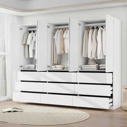 Armoire Wardrobe Closet with Drawers：75" Large White Wardrobe Closet Cabinet with 6 Doors for Hanging Clothes, Modern Wooden Bedroom Armoires with 9 Drawers and Storage (B+B+B, 94.5")