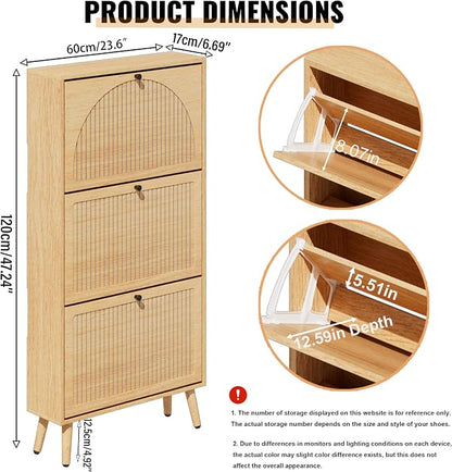 Fsbecl Shoe Storage Cabinet for Entryway with 3 Flip Drawers, Narrow Shoe Organizer with Fluted Panel, Freestanding Wood Hidden Shoe Cabinet for Hallway (Wood Color, 23.6''W, Single Layer)