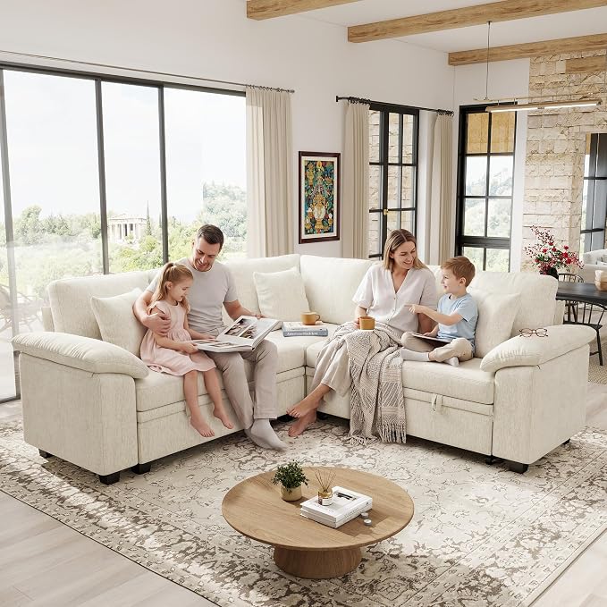 Ihanherry 86" Modular Sectional Sofa with Pull Out Bed, 5-Seater L Shaped Sectional Sleeper Couch with Storage, Chenille Convertible Couches for Living Room, Apartment (Beige)